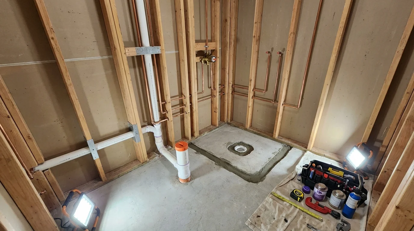 Bathroom rough-in plumbing during remodel by Johns Plumbing LLC in Martins Ferry