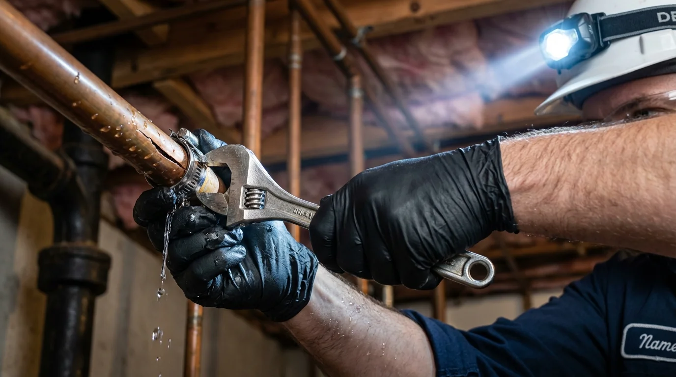 Emergency pipe clamp repair being performed by a Johns Plumbing LLC plumber in Martins Ferry