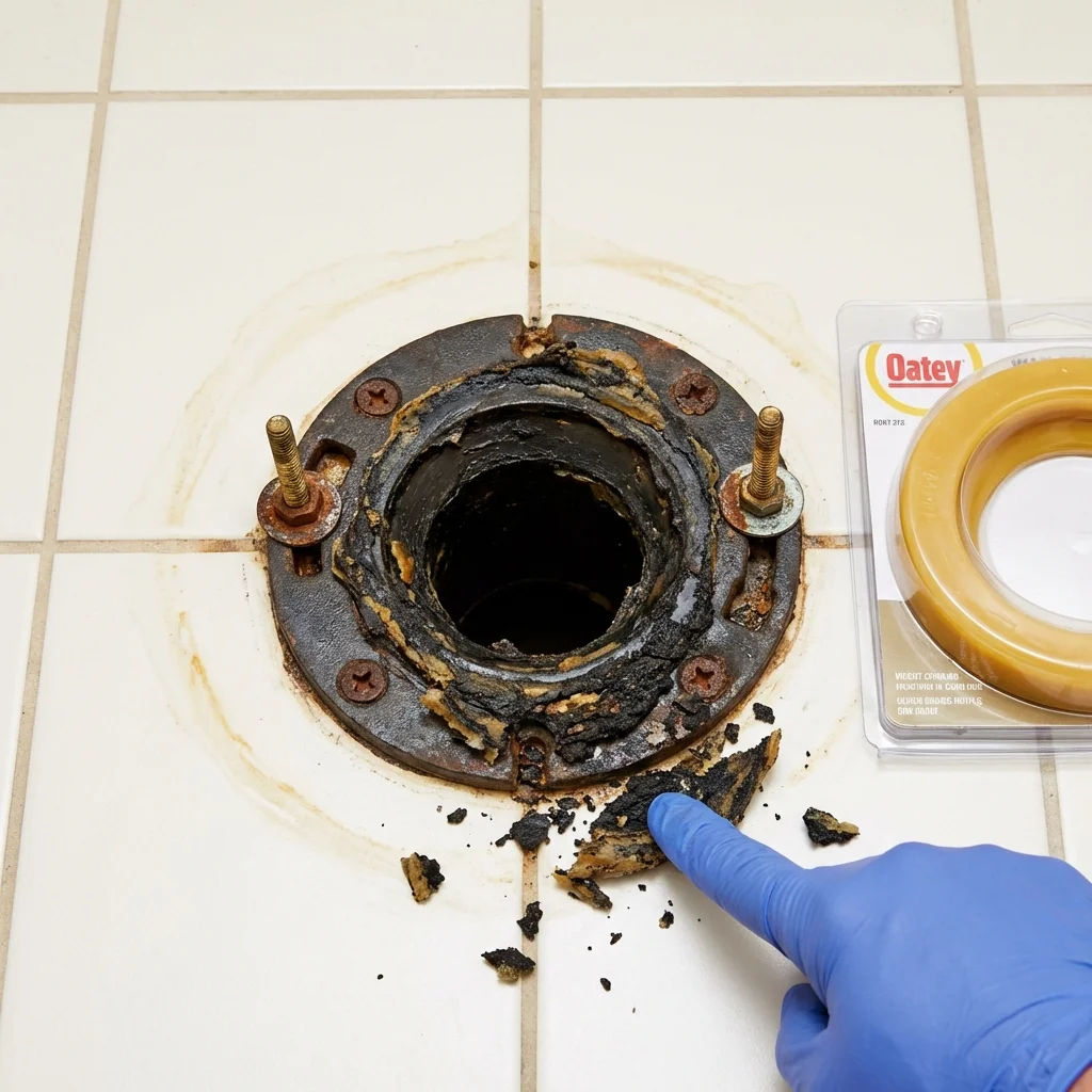 Failed wax ring showing water seepage at the base of a toilet in a Martins Ferry, OH home