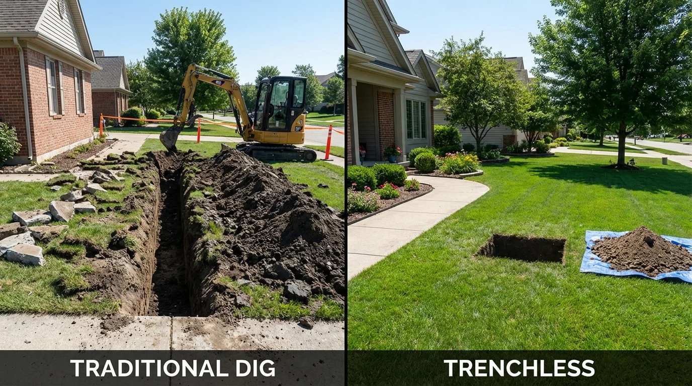 Trenchless sewer repair with minimal yard damage versus traditional excavation in Martins Ferry, OH
