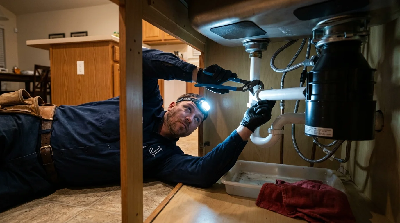 P-trap and supply line connections under a kitchen sink showing a common leak point in Martins Ferry, OH